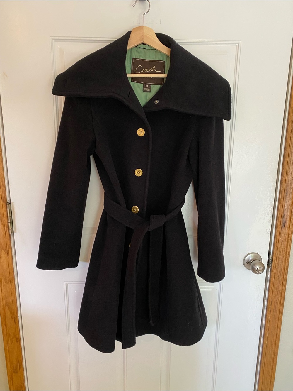 Coach Black Wool & Angora Belted Coat – Size Medium – Excellent Condition